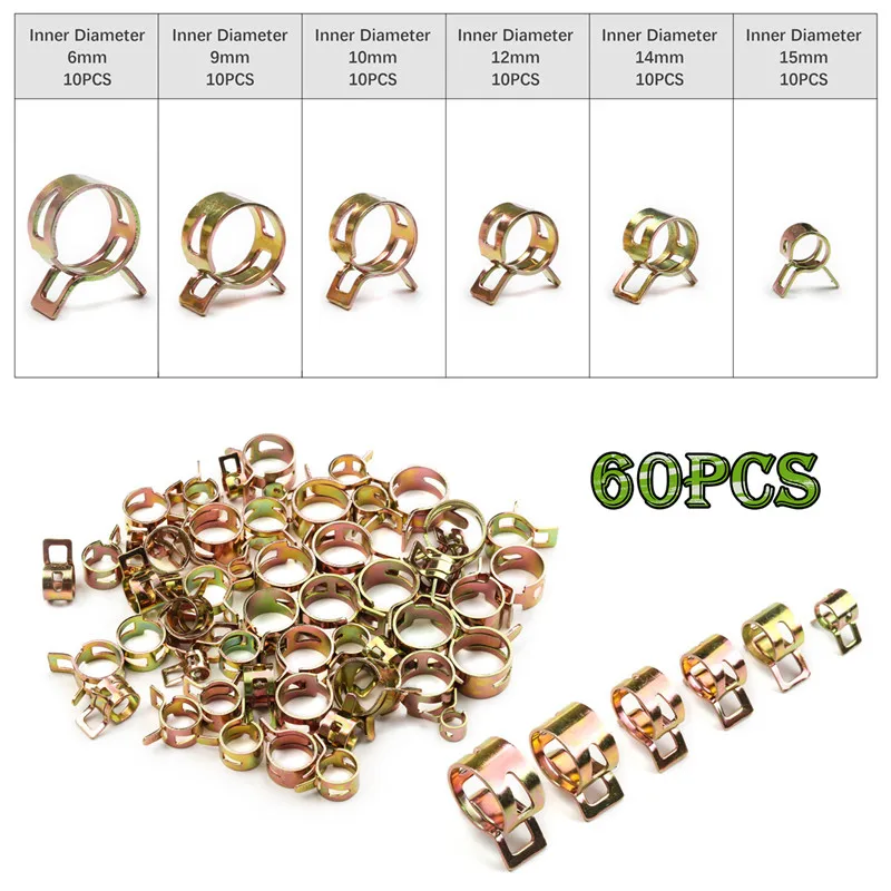 

60PCS/Set Spring Band Type Vacuum Hose Pipe Clamp Low Pressure Air Clip Clamp 6mm/9mm/10mm/12mm/14mm/15mm Hose Pipe Clamp