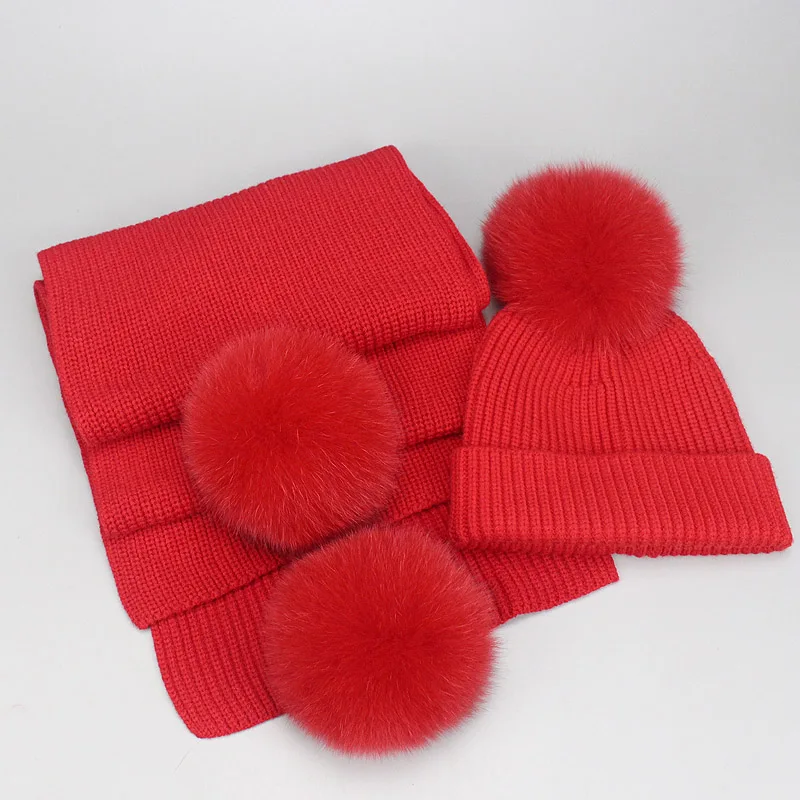 Winter Beanies Fox Pompom Fur Wool Knitted Hat The Female Of The Mink Caps Beanie Hats For Women Girl 'S Hats Scarves Cap Scarf - Цвет: Red