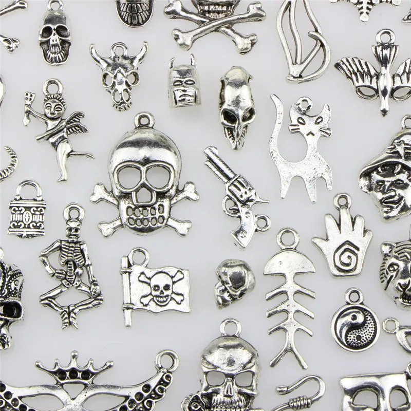 

NEW 100 Pcs/Set Lots Tibetan Silver Mixed Styles Halloween Skull Charm Pendants DIY Jewelry For Necklace Bracelet