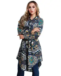 Новая модная женская блузка с цветочным принтом длинная рубашка с отложным воротником длинный рукав, асимметричный подол длинная рубашка
