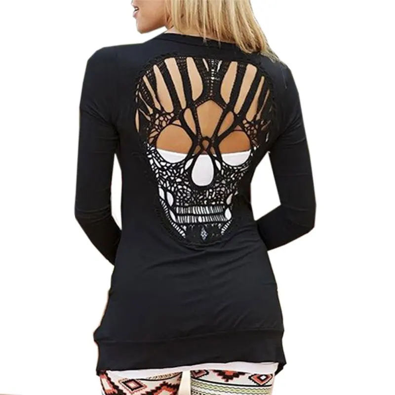 

Womens Fashion Long Sleeve Skull Backless Casual Jumper T Shirt