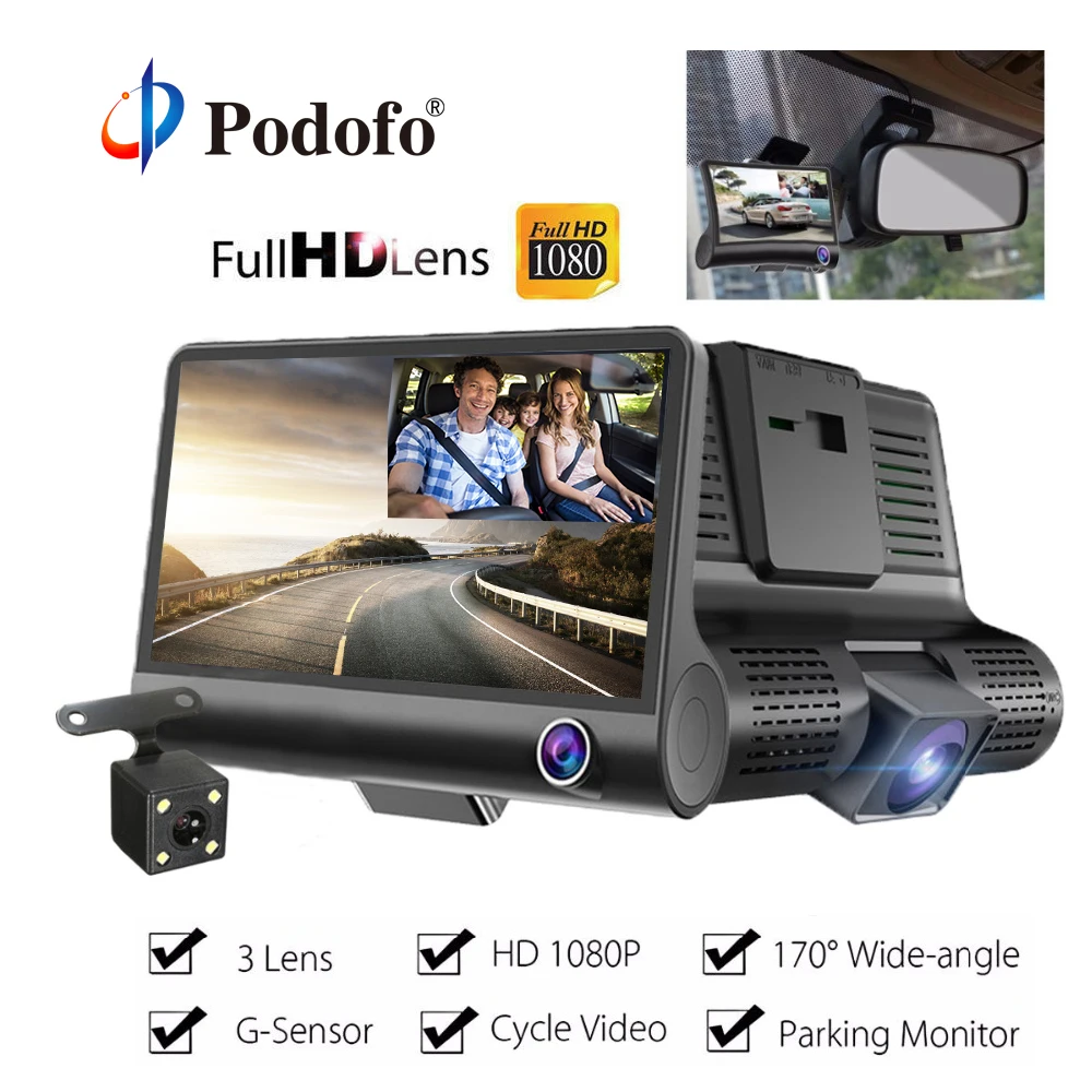 comprar Podofo 4.0 3 Way Car DVR Gravador de Vídeo Da Câmera de Visão Traseira Auto Registrator com Duas Câmeras Traço Cam DVRS dual Lens traço cam