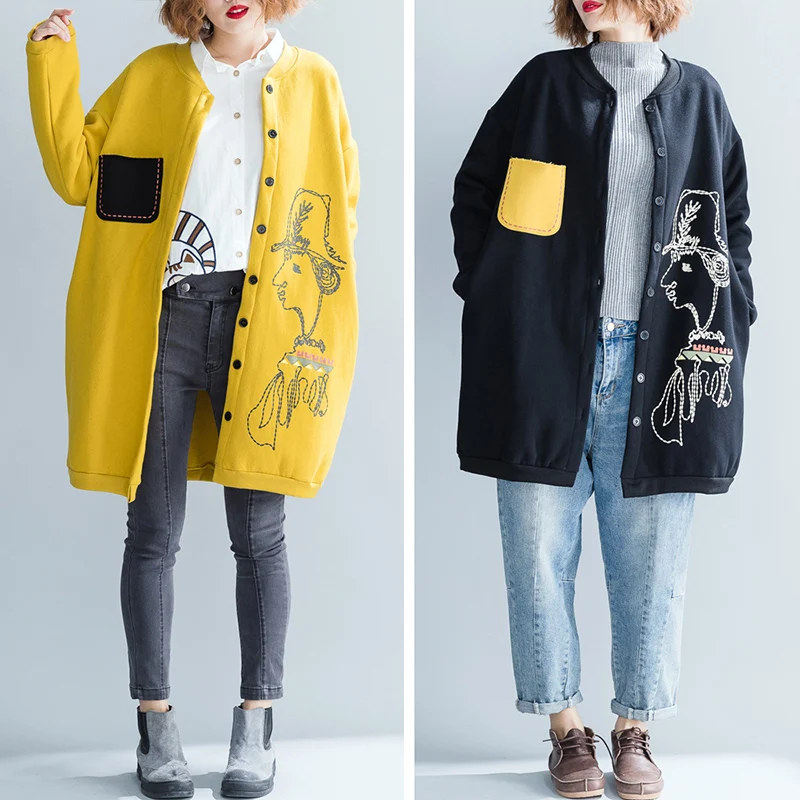 

2019 women L-XL Medium length thick single-breasted cardigan coat female loose casual slimming plus velvet autumn winter coatz66