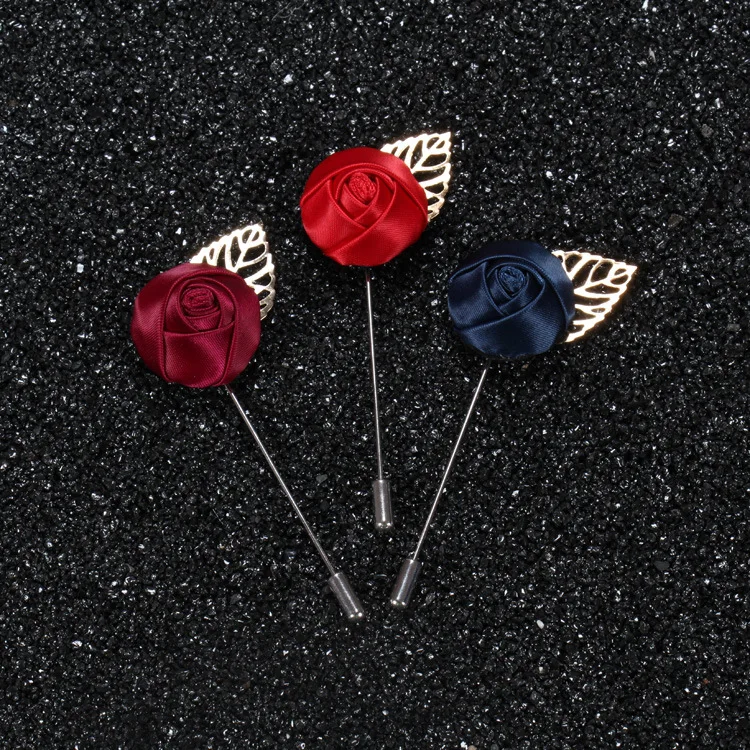 New Hot Fashion Classic Gold Leaf Men s Suits Rose Brooch Pin Corsage Decorations Handmade Cloth