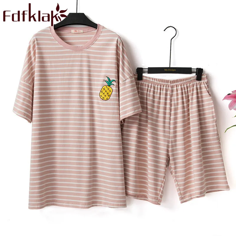 

Women's Pajama Summer Short Sleeve Striped Sleepwear Set Women Cotton Night Suits 2 Pieces Pyjamas Sets Pijama Mujer Fdfklak