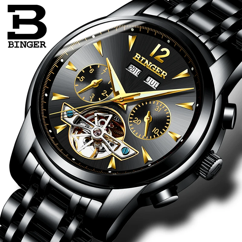 En Ligne Suisse BINGER Montres Hommes Calendrier complet Tourbillon saphir multiples fonctions Résistant À L eau Mécanique Mâle Horloge B8608M4