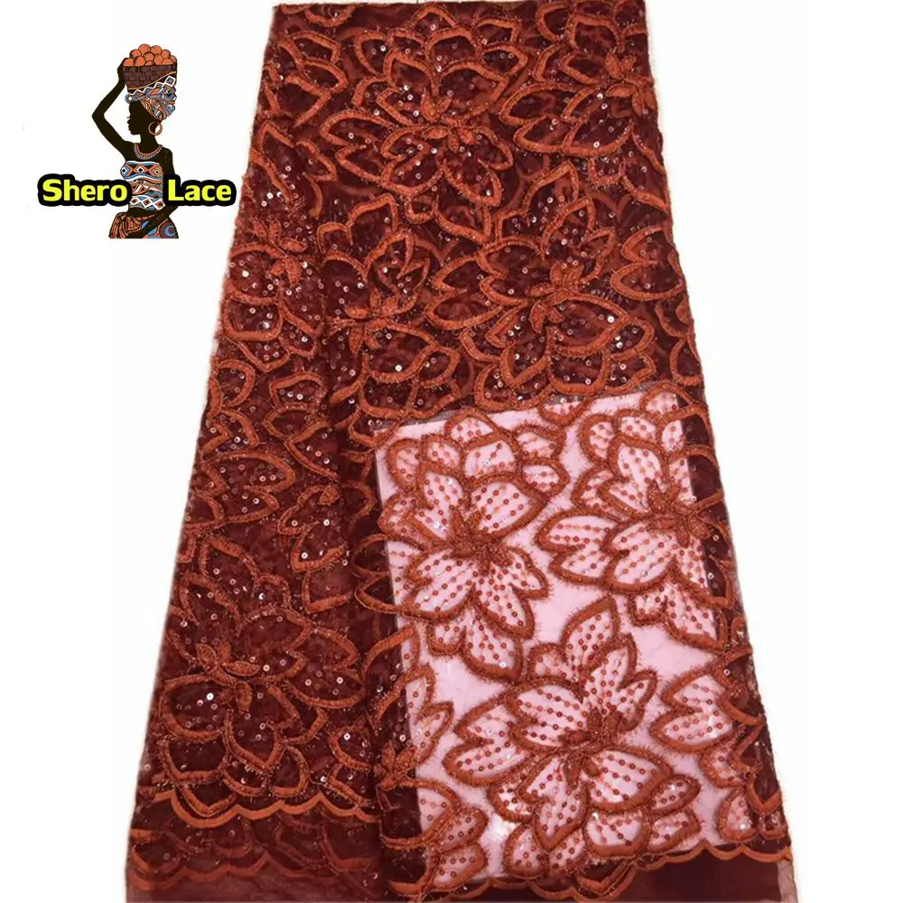Сгоревшая оранжевая нигерийская кружевная ткань африканский кружево с блестками ткани гипюр Французский Тюль кружевная ткань для Asoebi платье - Цвет: Color 1
