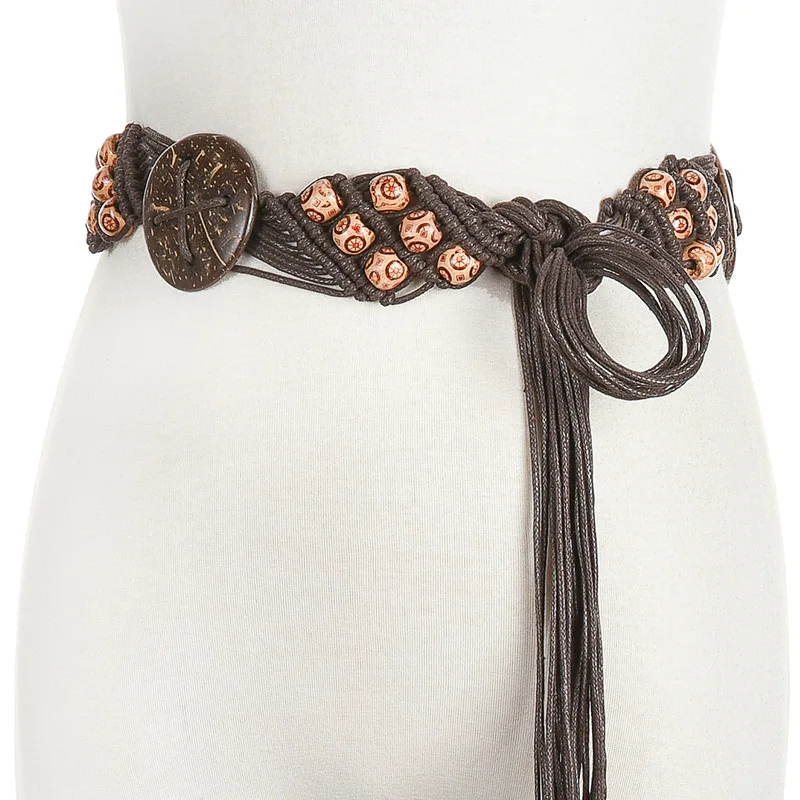 New Arrival Women Belt Wood Beads Flower Belt Bohemia Braid Weaving Flower Waist Belt Female