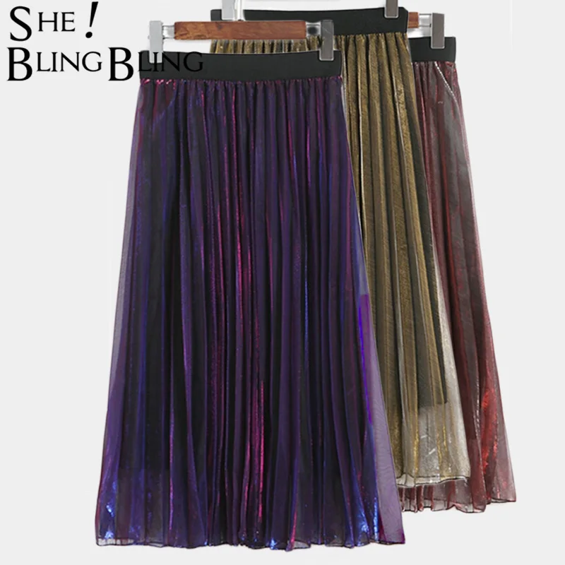 

SheBlingBling Women Vintage Tulle Pleated Skirt Summer Fashion Glitter Long Skirt Metallic Elastic High Waist Female Midi Skirts