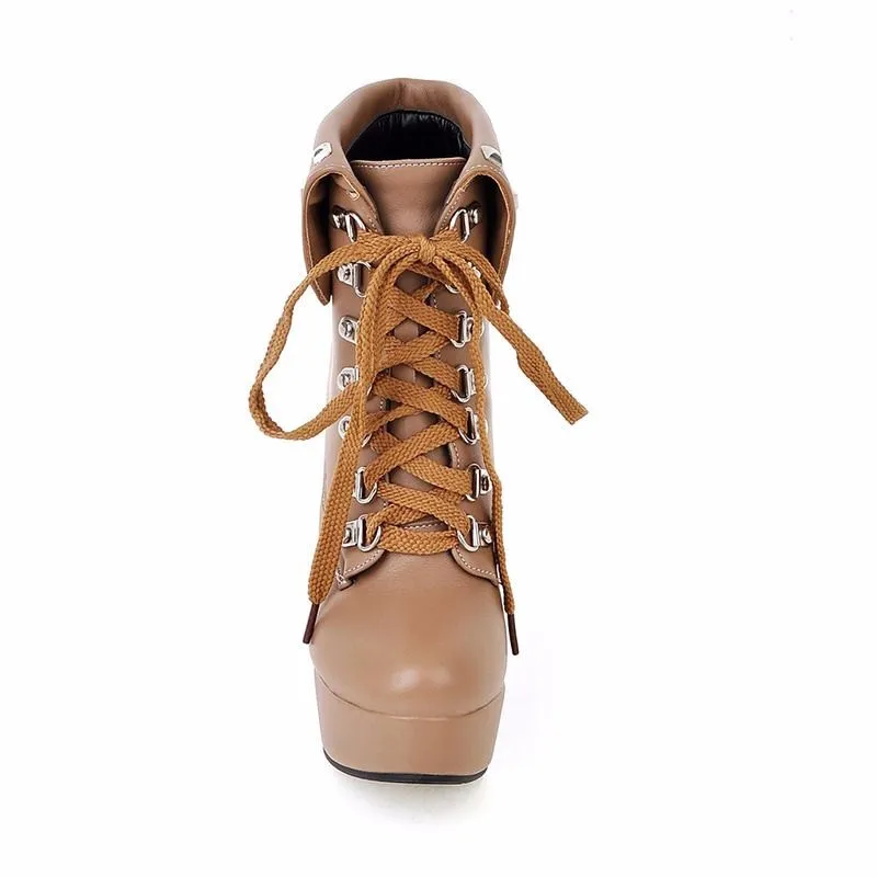 WETKISS/большой размер 32-48, зимние стильные ботильоны на шнуровке на Высоком толстом каблуке с заклепками женские ботинки на платформе осенне-зимняя обувь