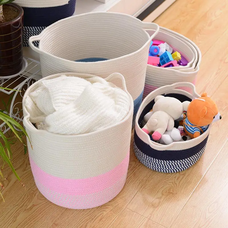 

Storage Baskets Cotton Rope Basket Woven Baby Laundry Basket with Handle for Diaper Toy Cute Neutral Home Decor Addition Diaper