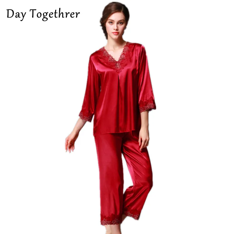 

Women Sleepwear Pajamas Satin Silk Plus Size Female Summer Short Sleeve Lace Shirts + Pants 2pcs sets Nightwear Ladies