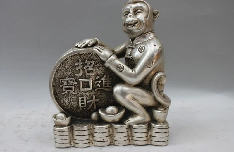 

Chinese Folk Fengshui White Copper Silver Lucky YuanBao Wealth Monkey Statue