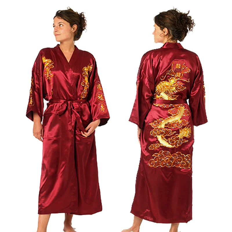 Bath Robe Women Chinese Style Satin Robe Embroidery Dragon Gown Ladies Night Robes WR004