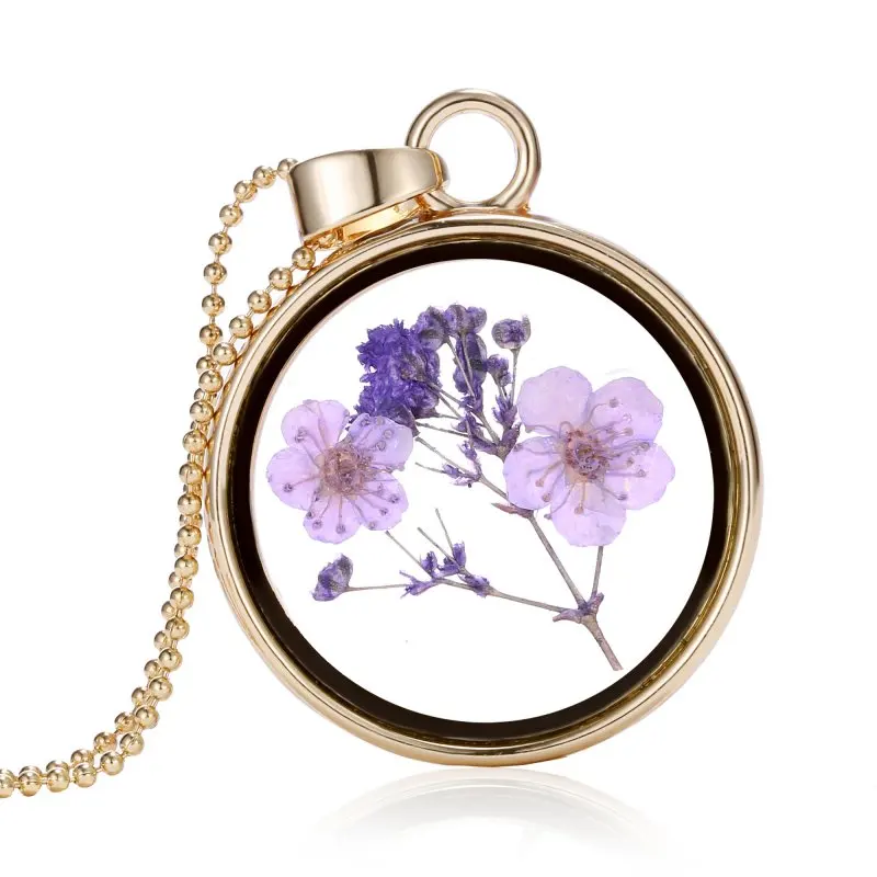 Ручной работы Весна натуральный фиолетовый настоящие сухие цветы смолы круглый стекло 35 мм медальон кулон ожерелье из бисера цепь для женщин ювелирные изделия