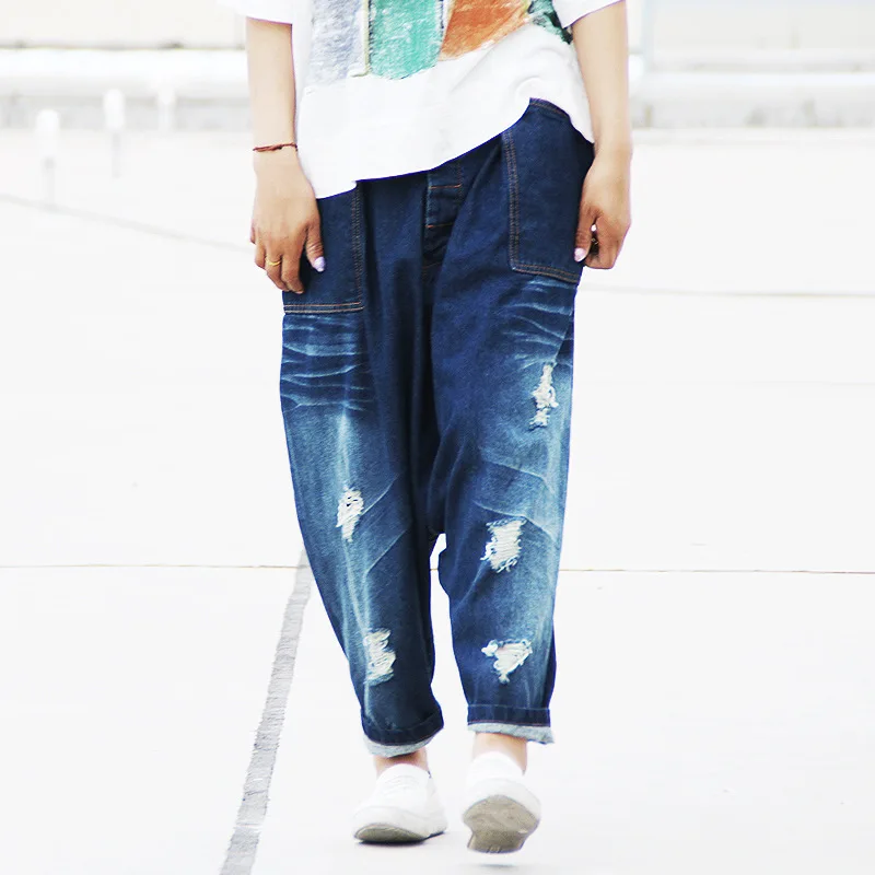 

High Waist Denim Jeans Women Baggy Pants Spring Summer Ninth Trousers Korean Hip Hop Harem Cross-Pant Ladies Blue Ripped Jeans
