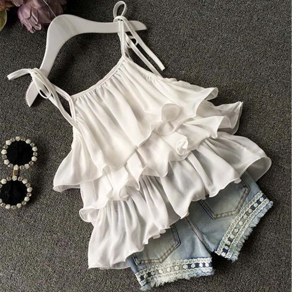 

Toddler Girl Chiffon Sling Ruffled Beaded White Top + Flower Fringed Denim Shorts Set Baby Summer Clothes Roupa Menina