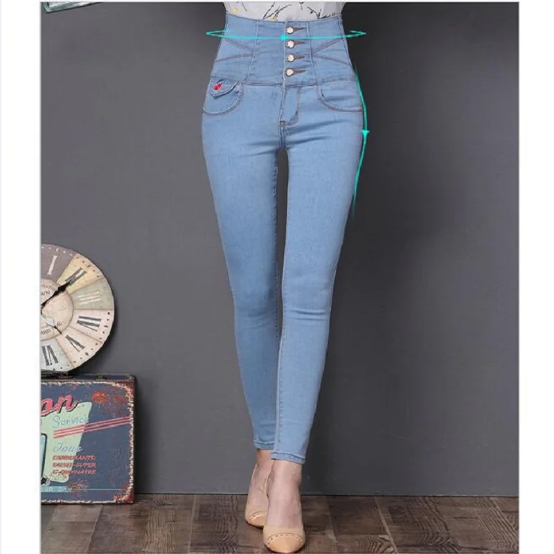

2017 European Style Plus Size Women Jeans Slim Zipper Single Breasted Button Female Trousers Demin Pencil Pants High WaistMK0014