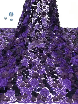 

Hot sale Africa fine lace fabric high quality French purple applique 3D beaded tulle lace fabric sequins dubai embroidered dress