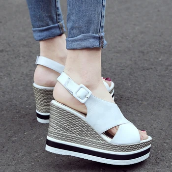 

Women Sandals 2019 Summer Genuine Leather High Heels Ladies Shoes Sandal Fashion Straw Wedges Platform Shoes Woman Chunky Sandal