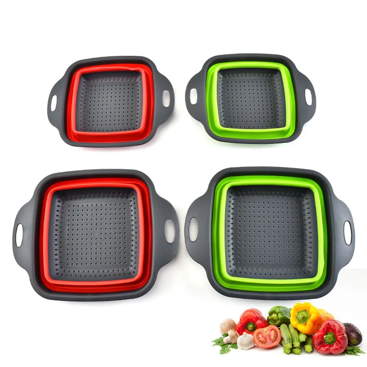 

New square folding water filter basket Home kitchen fruit basket multi-function washing vegetable blue telescopic basket 2 sets