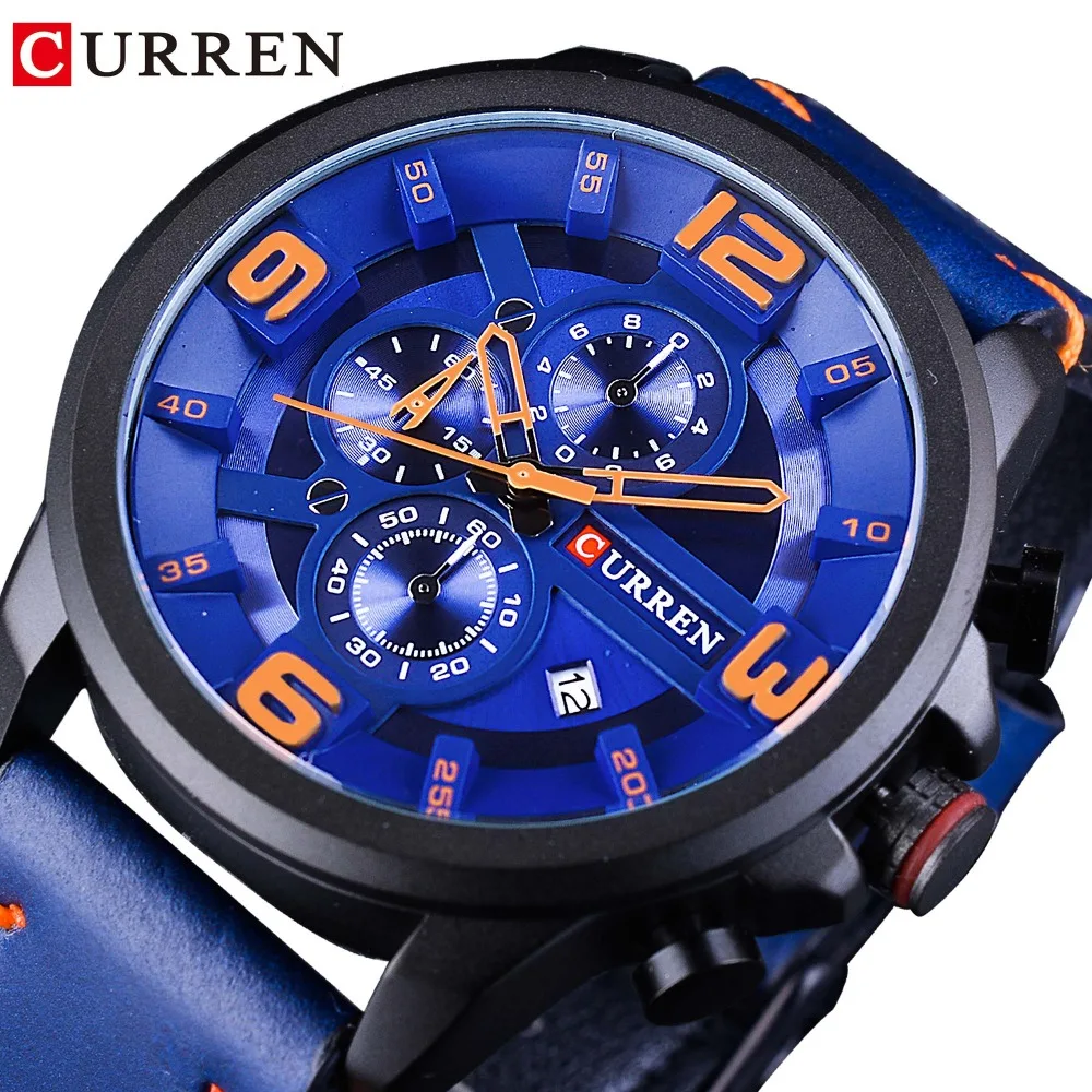 

CURREN Chronograph Quartz Blue Ocean Design Military Design Mens Watches Top Brand Luxury Calendar Display 3D Dial Leather Belt