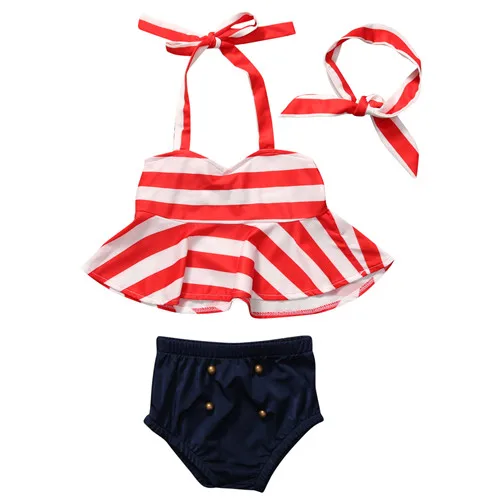 Летний купальный костюм в полоску для маленьких девочек, купальный костюм, танкини, комплект бикини, пляжная одежда для детей от 0 до 4 лет - Цвет: Red 1 To 2 Years