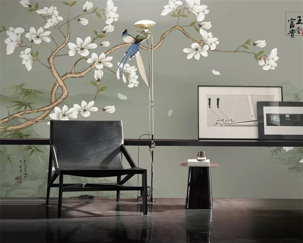

beibehang Custom silky new Chinese hand-painted magnolia bird ink landscape bamboo TV background papel de parede 3d wallpaper