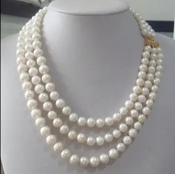 

triple strandsAAA 8-9mm Real Australian south sea white pearl necklace 17-19"14K