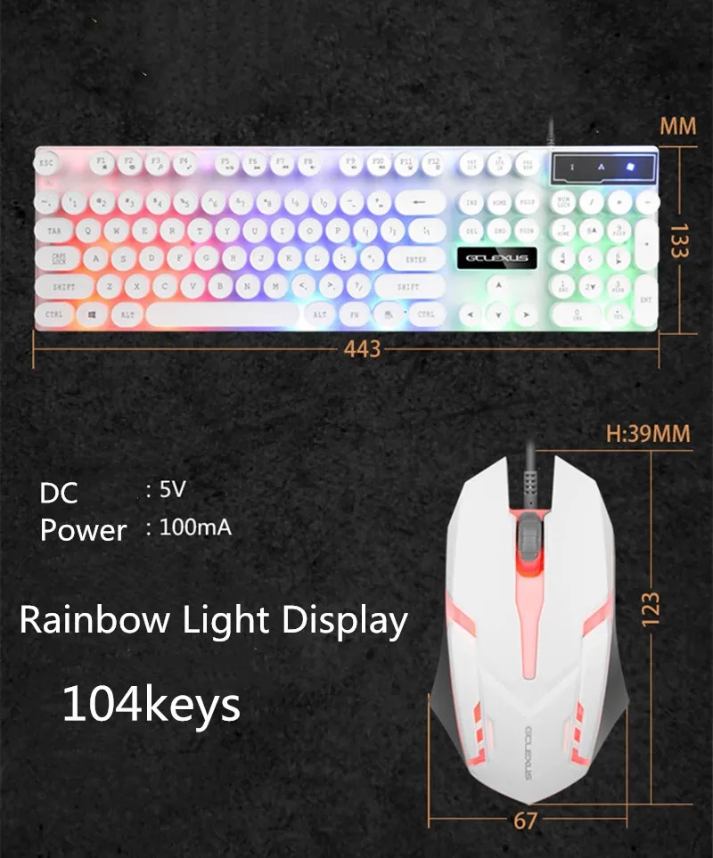 Gaming Keyboard Retro Round Glowing Backlit 3-Color LED USB Wired Waterproof  Colorful Gaming woking Keyboard mouse kits