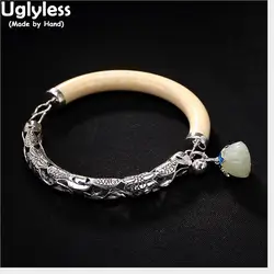 Uglyless Настоящее серебро 925 проба природа нефрит Браслеты в виде лотоса для женщин ассиметричный талисманы браслет полые цвета слоновой