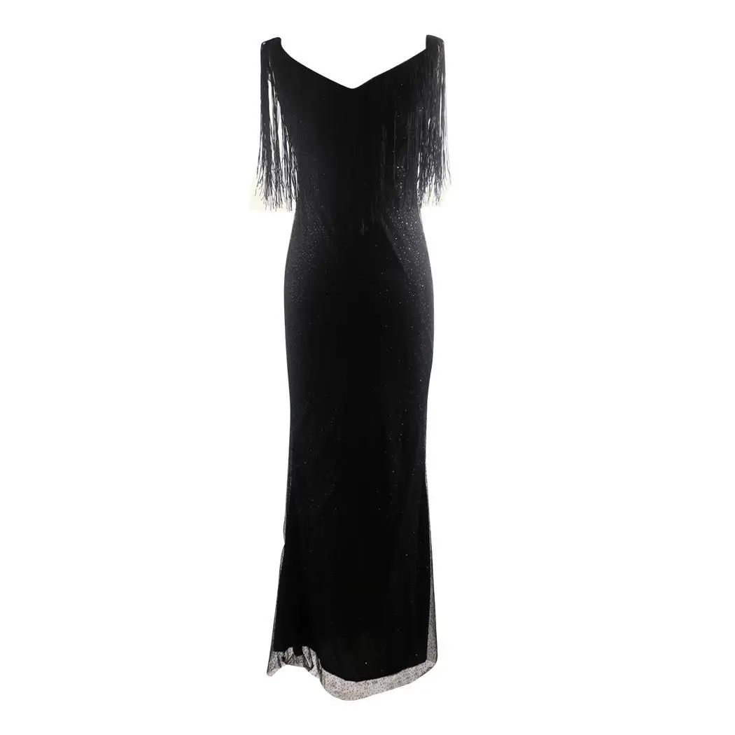 

Women Casual Slash Neck Sleeveless Tassel Sequins Medium Waist Summer Long Dress Loose Zipper Formal Events