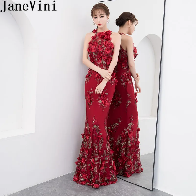 

JaneVini Burgundy Flowers Women Wedding Guest Party Dress Mermaid Halter Lace Long Bridesmaids Dresses Floor Length Formal Gowns