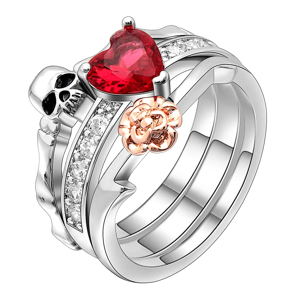 Gothic Skull Finger Silver Color Wedding Rings Set For Women Girl Red Heart  Crystal CZ Rose Flower Trendy Jewelry Gift Rings