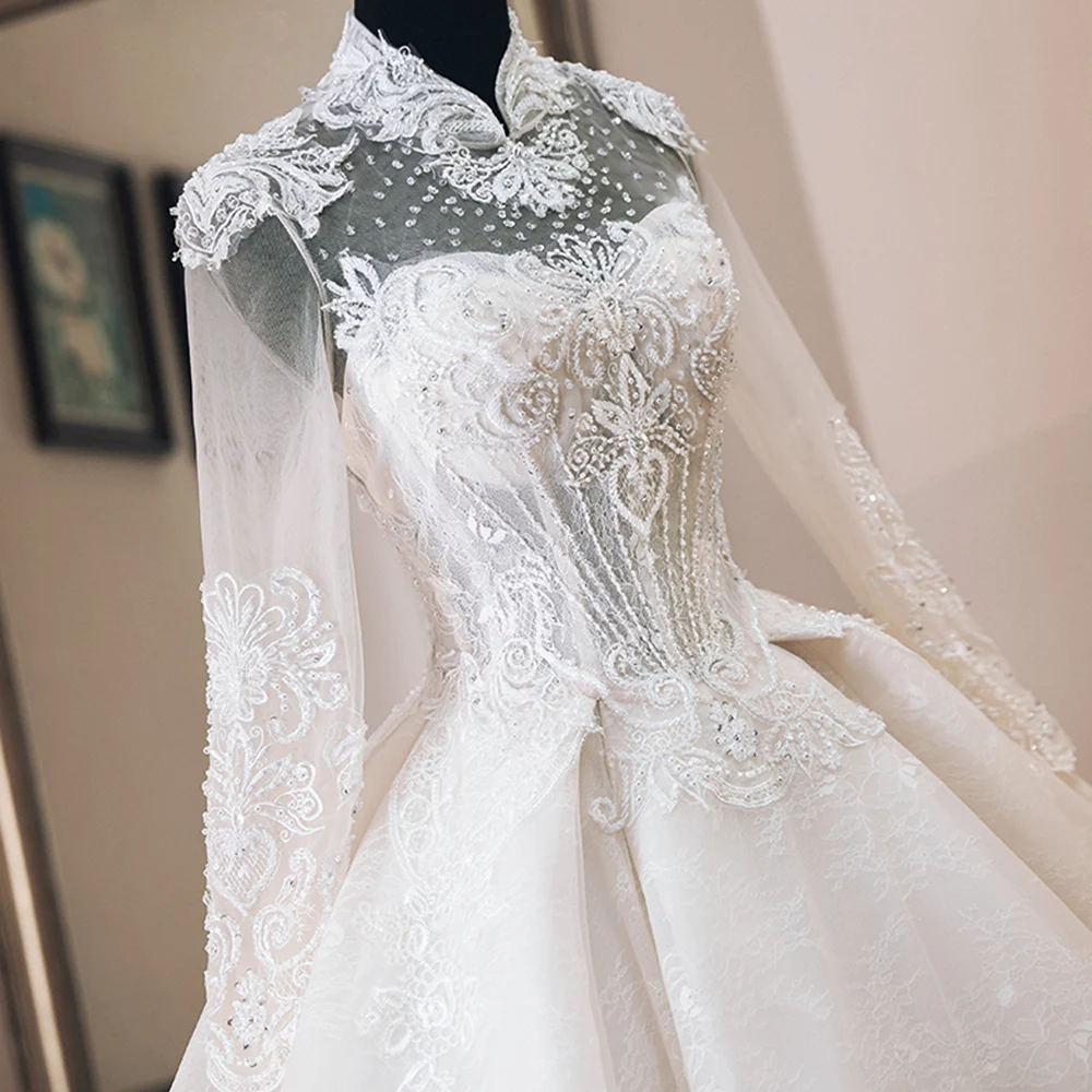 Vestido de Casamento роскошное бальное платье с аппликацией из бисера, свадебные платья с длинным рукавом, платье невесты с высоким воротом