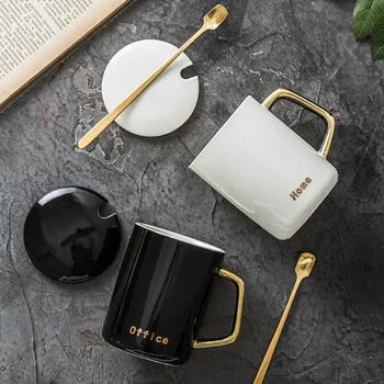 

Creative Gold Plated Ceramic Mug Office Coffee Milk Tea Cup Cover with Spoon Nano Transparent Glaze