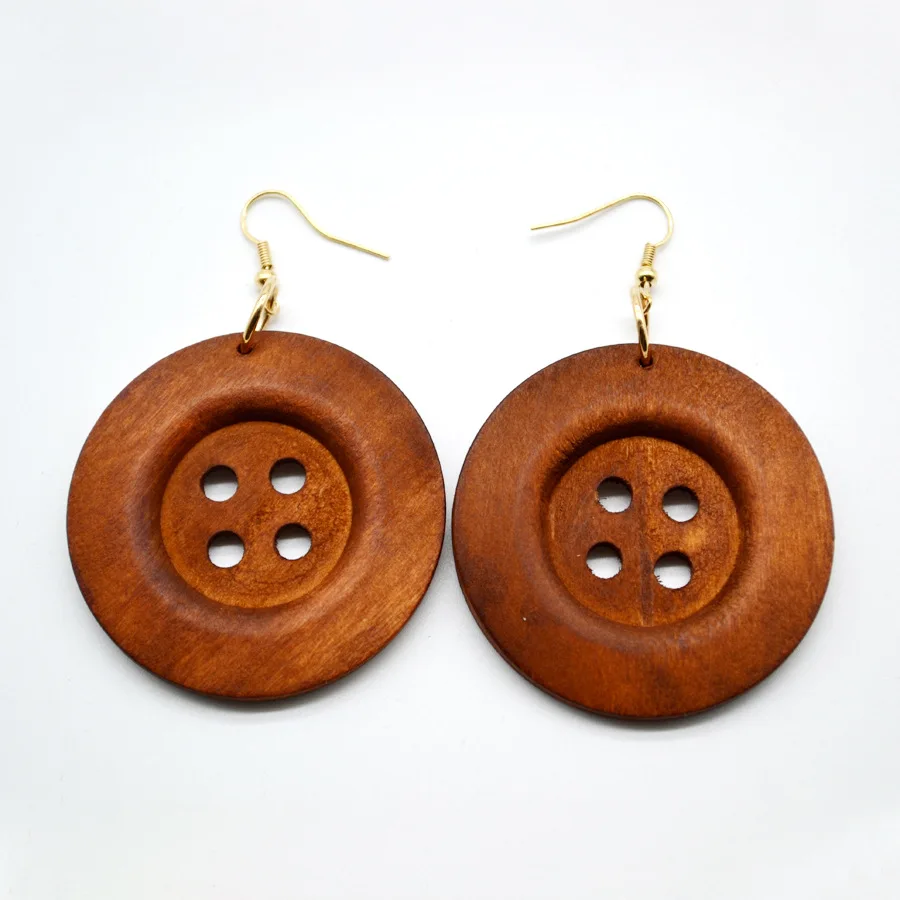 

Hollow Big Brown Color Hoop Wood Buttons Earrings Personality New Design Handmade Earrings For Women Gift
