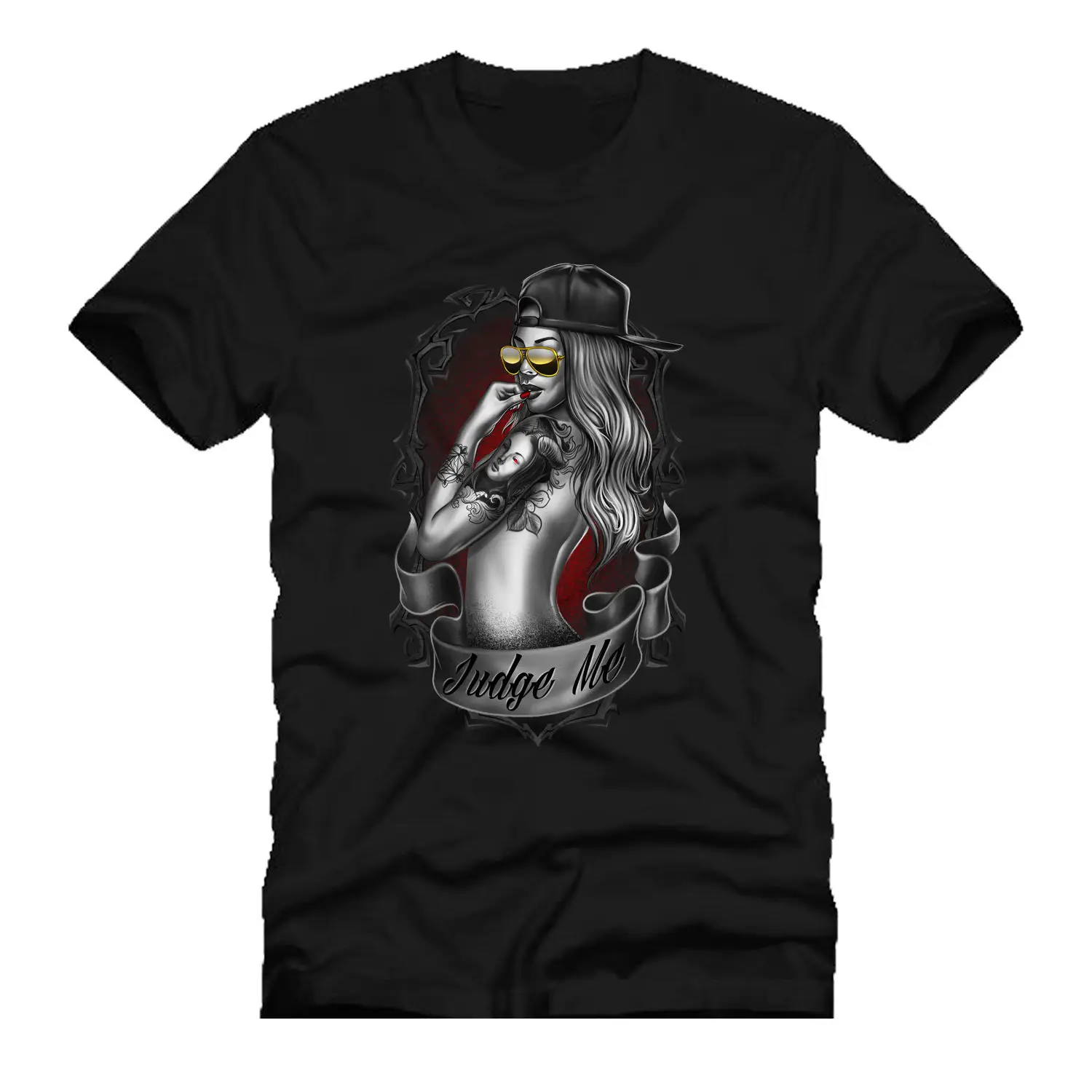 

JUDGE ME erotic sexy pin up tattoo babe mashup mens t-shirt tee new 2017 Cartoon t shirt men Unisex New Fashion tshirt Loose