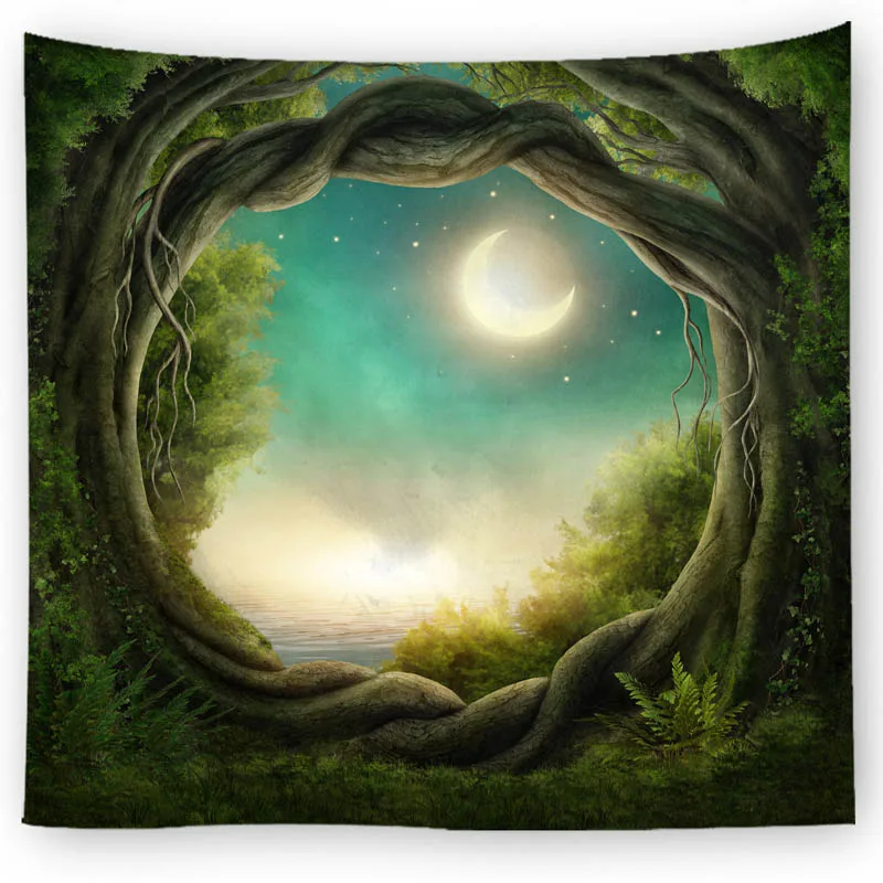 Large Size Wall Tapestry Fantasy Forest Fairy Tale World Wall Hanging Art Carpet Blanket Yoga Mat Decoration Green Tapestry