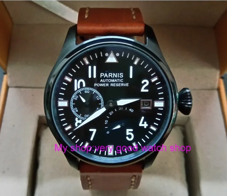 

47mm PARNIS power reserve Automatic Self-Wind Mechanical movement men's watch Black dial PVD case luminous dfzd138A