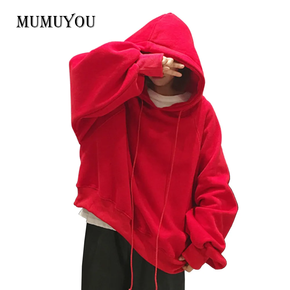  Women Ladies Loose Baggy Pullover Sweatshirt Puff Sleeve Hooded Oversized Top Casual Fashion Red Bl