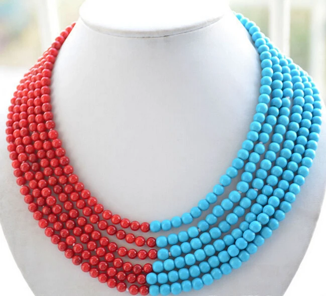 

FREE SHIPPING>>>@@ Hot sale S>>>>6strands 6mm blue turquoise red coral bead necklace