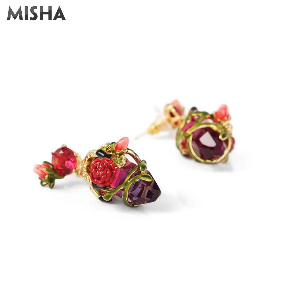 MISHA, трендовые серьги для женщин ручной работы, эмалированные глазурованные серьги-гвоздики в виде розы, имитация драгоценных камней, очаровательные ювелирные изделия для девушек