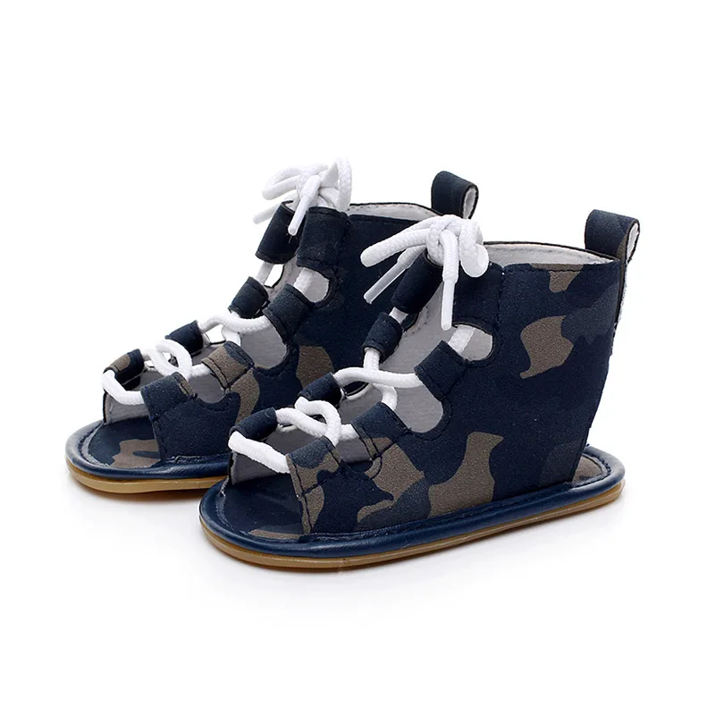 camouflage blue Летние сандалии на плоской подошве для маленьких девочек; сандалии в римском стиле для маленьких девочек; сандалии-гладиаторы для маленьких мальчиков; Детские кожаные сандалии; 10 цветов - Цвет: camouflage blue