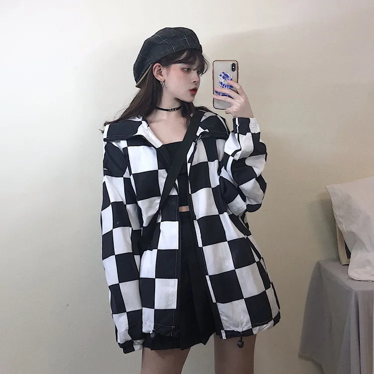 Harajuku клетчатая куртка женская с длинным рукавом Свободная белая черная Шахматная цветная клетчатая модная повседневная куртка унисекс уличная одежда - Цвет: Black Jacket