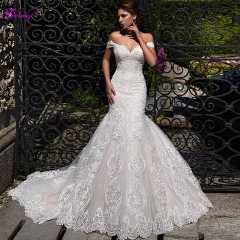

Detmgel Design Gorgeous Court Train Appliques Mermaid Wedding Dress 2020 Luxury Boat Neck Lace Up Trumpet Bridal Gown Plus Size