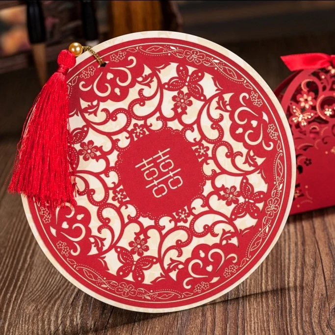 WISHMADE Laser Cut Round Red Chinese Invitation Card Wedding With Tassels Decoration 50pcs/Lot Envelope CW5035 | Дом и сад