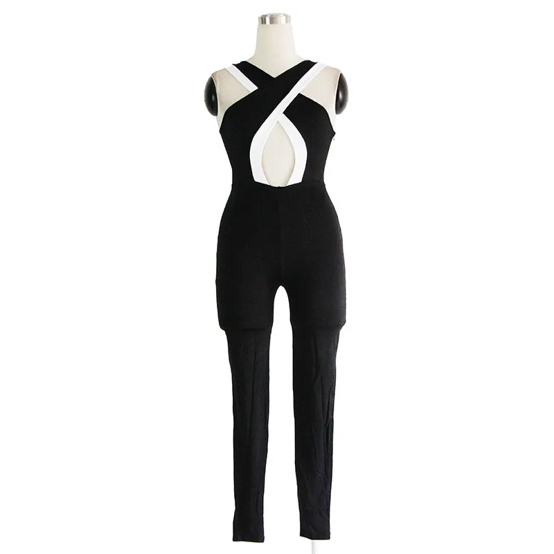 Fashion Woman Cross Neck Sexy Woman Skinny Jumpsuit Black Full Length Hot Woman Party Club 1 pcs Overall Romper Suit