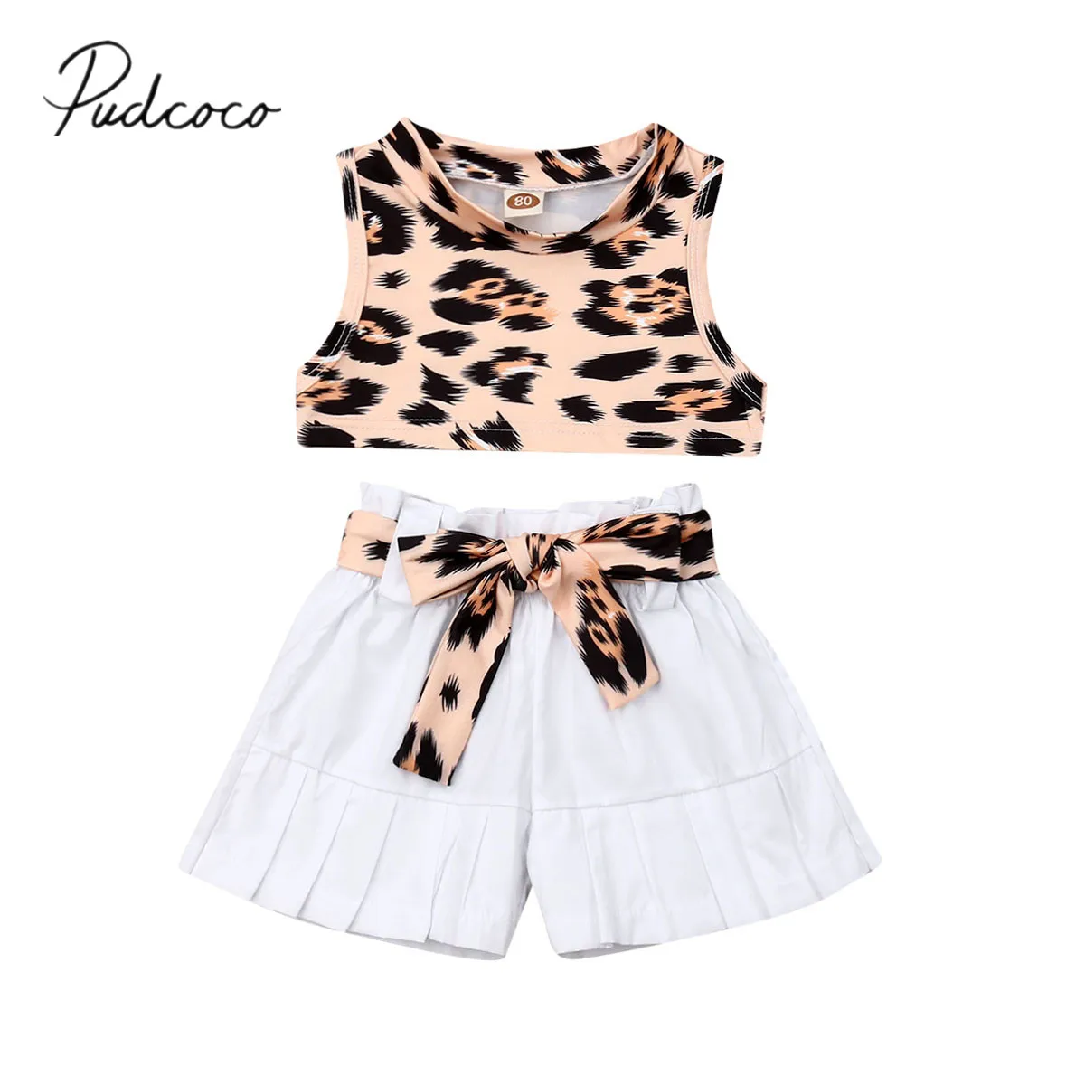 

2019 Baby Summer Clothing Toddler Baby Girls Clothes Sleeveless Leopard Crops Tops Vest+Sash Short Pants 2PCS Outfits Set 6M-3T