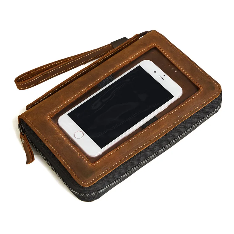 

Vintage Crazy Horse Genuine Leather Men Wallets Credit Card Wallet Long Male Clutch Bag with Cell Phone Pocket Brown Black B2053